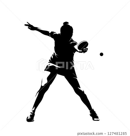 Table tennis player, woman playing ping pong, front view, isolated vector silhouette. Sports Table tennis player, woman playing ping pong, front view, isolated vector silhouette. Sports 127481285