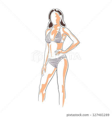 Woman in swimsuit, adult young lady wearing bikini. Isolated vector illustration, flat design sketch. Summer fashion 127481289