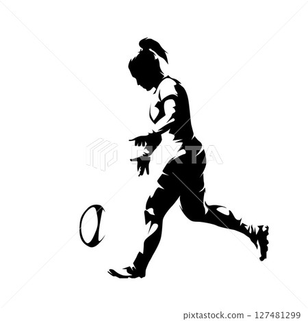 Womens rugby, female rugby player kicking ball, isolated high contrast vector illustration 127481299