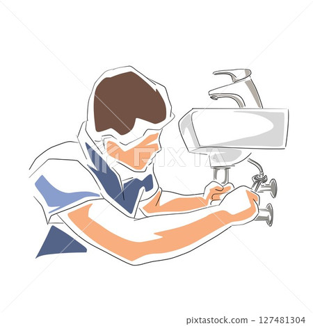 Handyman plumber installs sink, technician service. Isolated vector illustration. Worker repair Handyman plumber installs sink, technician service. Isolated vector illustration. Worker repair 127481304