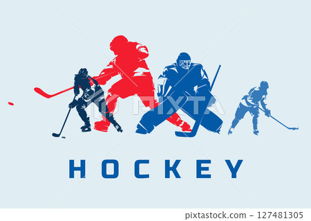 Hockey, ice hockey players, group of vector silhouettes. Set of winter team sport athletes 127481305