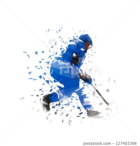 Ice hockey player skating with puck, low poly drawing with dispersion effect. Isolated vector illustration. Ice hockey 127481306