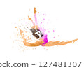Artistic gymnast woman in mid-air during a dynamic jump. Low poly vector illustration with distortion effect, isolated vector silhouette 127481307