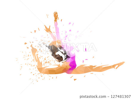 Artistic gymnast woman in mid-air during a dynamic jump. Low poly vector illustration with distortion effect, isolated vector silhouette 127481307