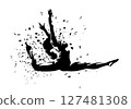 Female artistic gymnast in mid-air during a dynamic jump. High-contrast vector illustration with distortion effect, isolated vector silhouette 127481308