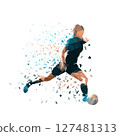 Woman playing soccer, female football player kicking ball, isolated vector low poly illustration with dispersion effect 127481313