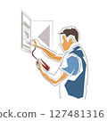 Measuring electricity, electrician at work. Isolated vector illustration. Craftsman service, repairman 127481316