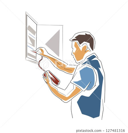Measuring electricity, electrician at work. Isolated vector illustration. Craftsman service, repairman Measuring electricity, electrician at work. Isolated vector illustration. Craftsman service, repairman 127481316