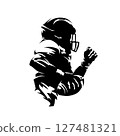 American football player, isolated vector silhouette. Quarterback running with ball, football logo, high contrast sports illustration 127481321