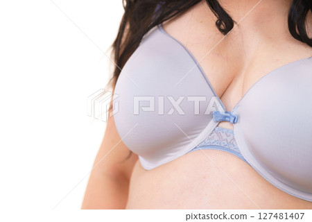 Plus size woman big breast wearing bra Plus size woman big breast wearing bra 127481407