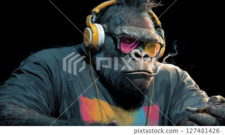 Stylish Gorilla with Headphones and Vape. Generative AI 127481426