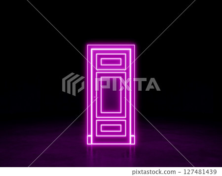 The door in the dark space. Pink violet neon door. 3D rendering 127481439
