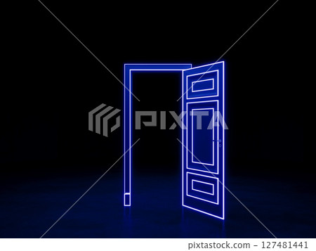 Open door in the dark space. Blue neon door. 3D rendering Open door in the dark space. Blue neon door. 3D rendering 127481441