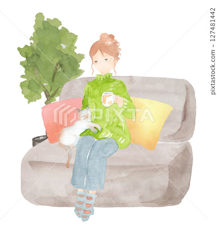 一位坐在沙發上喝咖啡的女人的水彩畫 一位坐在沙發上喝咖啡的女人的水彩畫 127481442