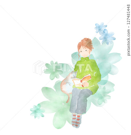 水彩畫，描繪了一位婦女在放鬆和讀書，與一隻貓，花卉背景 127481448