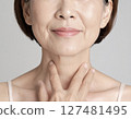 Senior woman concerned about wrinkles on her neck due to aging 127481495