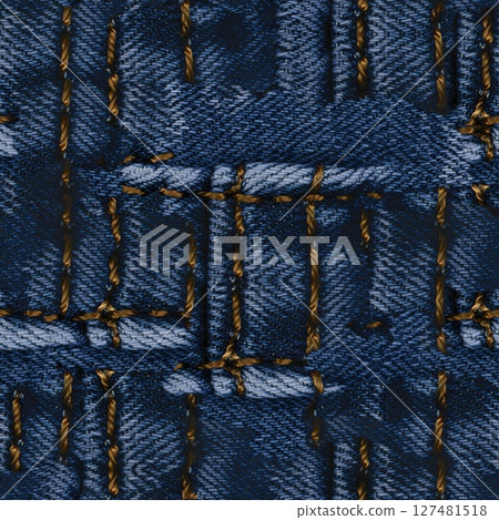Seamless Denim fabric with yellow thread seams, denim jacket, denim pants, for background or fabric sample sale. 127481518