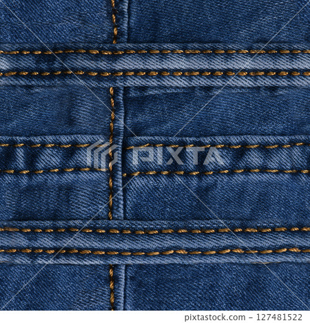 Seamless Denim fabric with yellow thread seams, denim jacket, denim pants, for background or fabric sample sale. 127481522