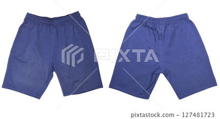 Blue shorts on white background. Child Sport shorts. Blue shorts on white background. Child Sport shorts. 127481723