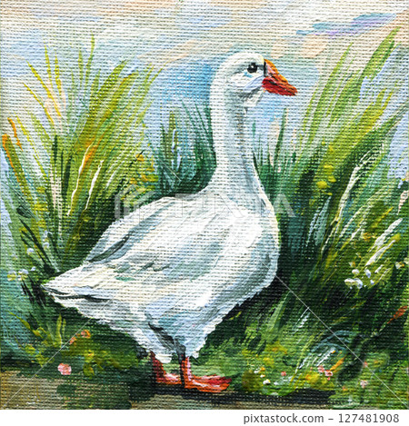 White goose acrylic painting near tall grass and blue sky for country home kitchen or rustic cottage wall decoration White goose acrylic painting near tall grass and blue sky for country home kitchen or rustic cottage wall decoration 127481908