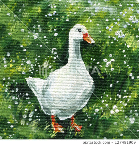 White goose acrylic painting in green summer field with tiny flowers for nursery, farmhouse or countryside wall art 127481909