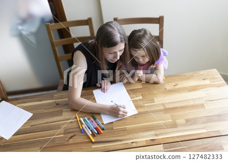 Mother helping daughter with homework, homeschooling on wooden table Mother helping daughter with homework, homeschooling on wooden table 127482333