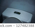 Dusty white toilet tank with a worn-out flush button in a restroom 127482388