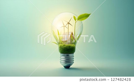 Glass light bulb with wind turbine plant and moss symbolizing renewable energy and sustainability 127482428