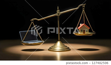 Miniature man facing scale balancing laptop and house representing work life balance and modern lifestyle Miniature man facing scale balancing laptop and house representing work life balance and modern lifestyle 127482506