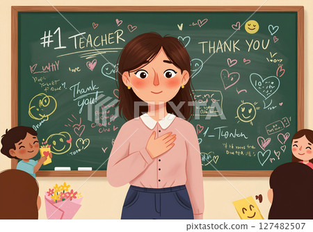 Teacher standing proudly in front of chalkboard filled with thank you messages from happy students Teacher standing proudly in front of chalkboard filled with thank you messages from happy students 127482507