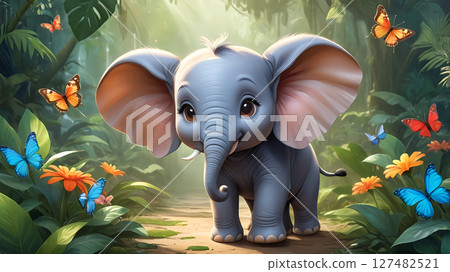 a chibi cartoon character of a baby elephant, with big ears, a cute trunk and a mischievous expression surrounded by playful butterflies and flowers. The background should be a lush jungle scene and 127482521
