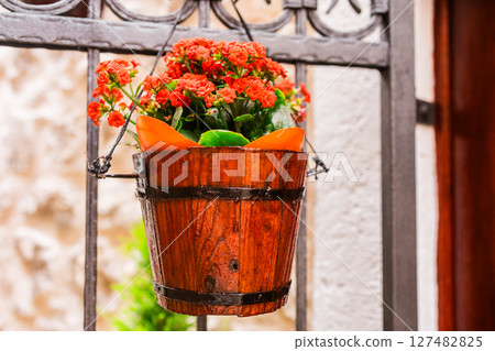 Wicker flower basket with orange kalanchoe on metal gate. Urban gardening, decorative entrance styling, and cheerful home aesthetics. Wicker flower basket with orange kalanchoe on metal gate. Urban gardening, decorative entrance styling, and cheerful home aesthetics. 127482825