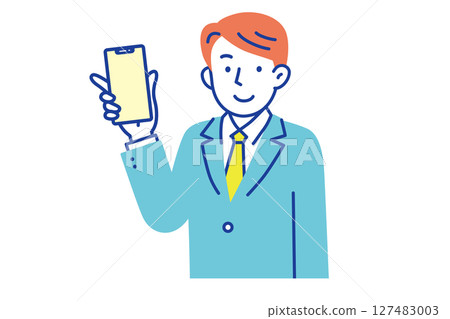 A young man in a suit holding a smartphone and looking at the camera A young man in a suit holding a smartphone and looking at the camera 127483003