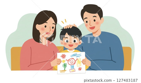 A child smiling as he shows a picture he drew, and the parents and child are delighted 127483187