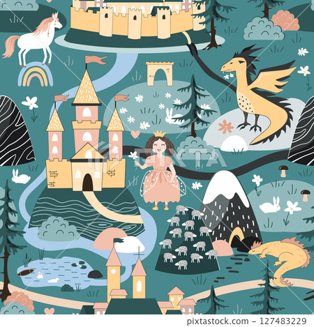 Princess kingdom seamless pattern with fairy hills, castle, dragon, and unicorn. Vector seamless Scandinavian pattern, adorable textile design for children Princess kingdom seamless pattern with fairy hills, castle, dragon, and unicorn. Vector seamless Scandinavian pattern, adorable textile design for children 127483229