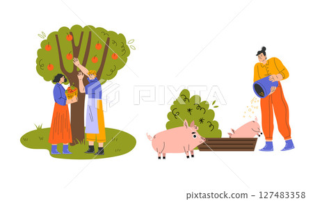 Children joyfully harvesting apples and feeding pigs on a lovely day at a vibrant farm 127483358