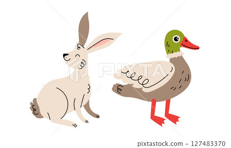 Charming and Cute Illustration Featuring a Rabbit and Duck in a Playful and Colorful Style 127483370