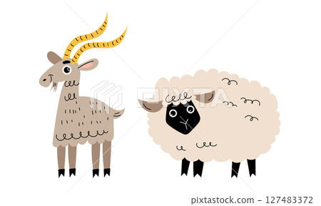 Charming and Playful Goat and Sheep Illustration Perfectly Designed for Farm Themes and More 127483372