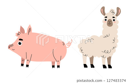 Adorable and Cute Cartoon Pig along with Cheerful Llama Characters for Fun and Creative Designs Adorable and Cute Cartoon Pig along with Cheerful Llama Characters for Fun and Creative Designs 127483374