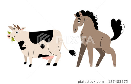 A Cute Cartoon Cow and Horse Together on a Beautiful Farm, Engaging in Playful Activities 127483375