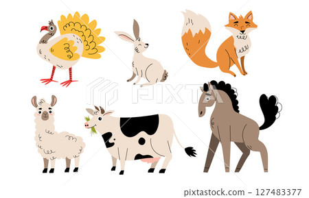 Charming Illustration Featuring Adorable Farm and Forest Animals in a Colorful Setting 127483377