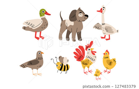 A Playful and Cheerful Illustration of Farm Animals and Wildlife in a Vibrant Setting 127483379