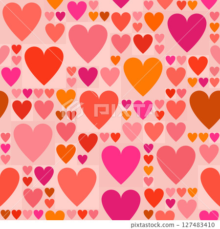 Romantic seamless heart pattern in shades of pink and red with a soft square background Romantic seamless heart pattern in shades of pink and red with a soft square background 127483410
