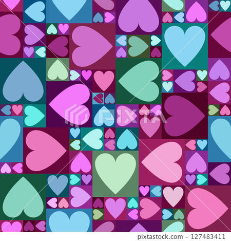 Seamless heart pattern with cool vibrant tones in a grid of pink, teal and ocean colors 127483411