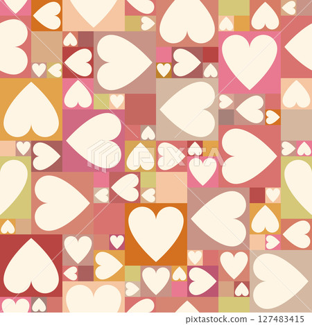Warm geometric heart pattern with white hearts in soft pink, beige and orange squares 127483415