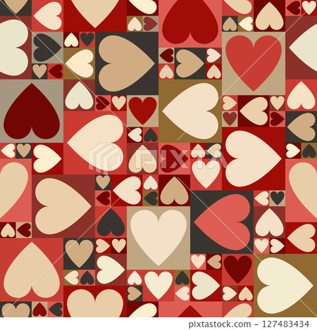 Bold heart pattern with retro poster colors and graphic squares in seamless vector design Bold heart pattern with retro poster colors and graphic squares in seamless vector design 127483434