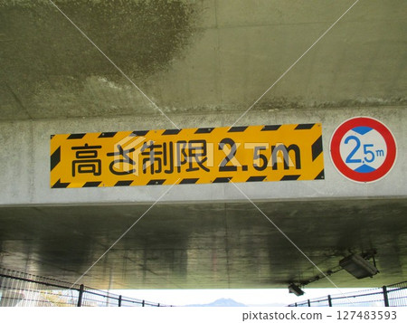 指示橋樑下方道路上車輛高度限制的標誌 指示橋樑下方道路上車輛高度限制的標誌 127483593