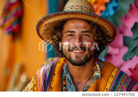Man Smiling In Festive Sombrero With Colorful Background 127483708