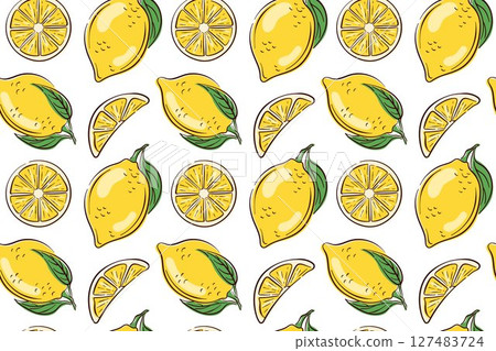 Seamless lemon pattern with whole fruit, slices and leaves in flat style. Citrus background for packaging, kitchen decor, textiles or summer themed design. Seamless lemon pattern with whole fruit, slices and leaves in flat style. Citrus background for packaging, kitchen decor, textiles or summer themed design. 127483724