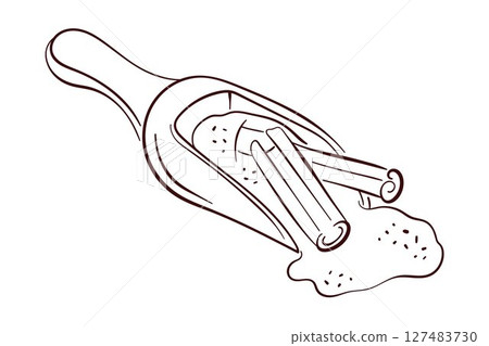 Scoop with cinnamon ground and sticks illustration with handle in line art style isolated on a white background. Scoop with cinnamon ground and sticks illustration with handle in line art style isolated on a white background. 127483730